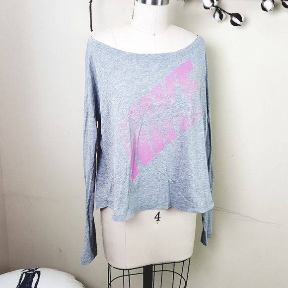 NIKE Pink/Gray Cotton Off Shoulder Long Sleeve Tee - Picture 2 of 7